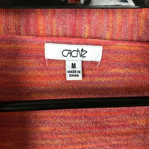 Cache Cardigan Sweater M Orange Pink Metallic Ruched Back Short Sleeve Striped - Picture 5 of 8